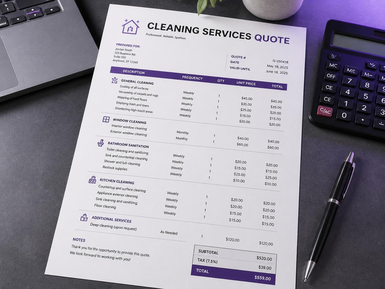 Detailed itemized commercial cleaning services quote on a desk