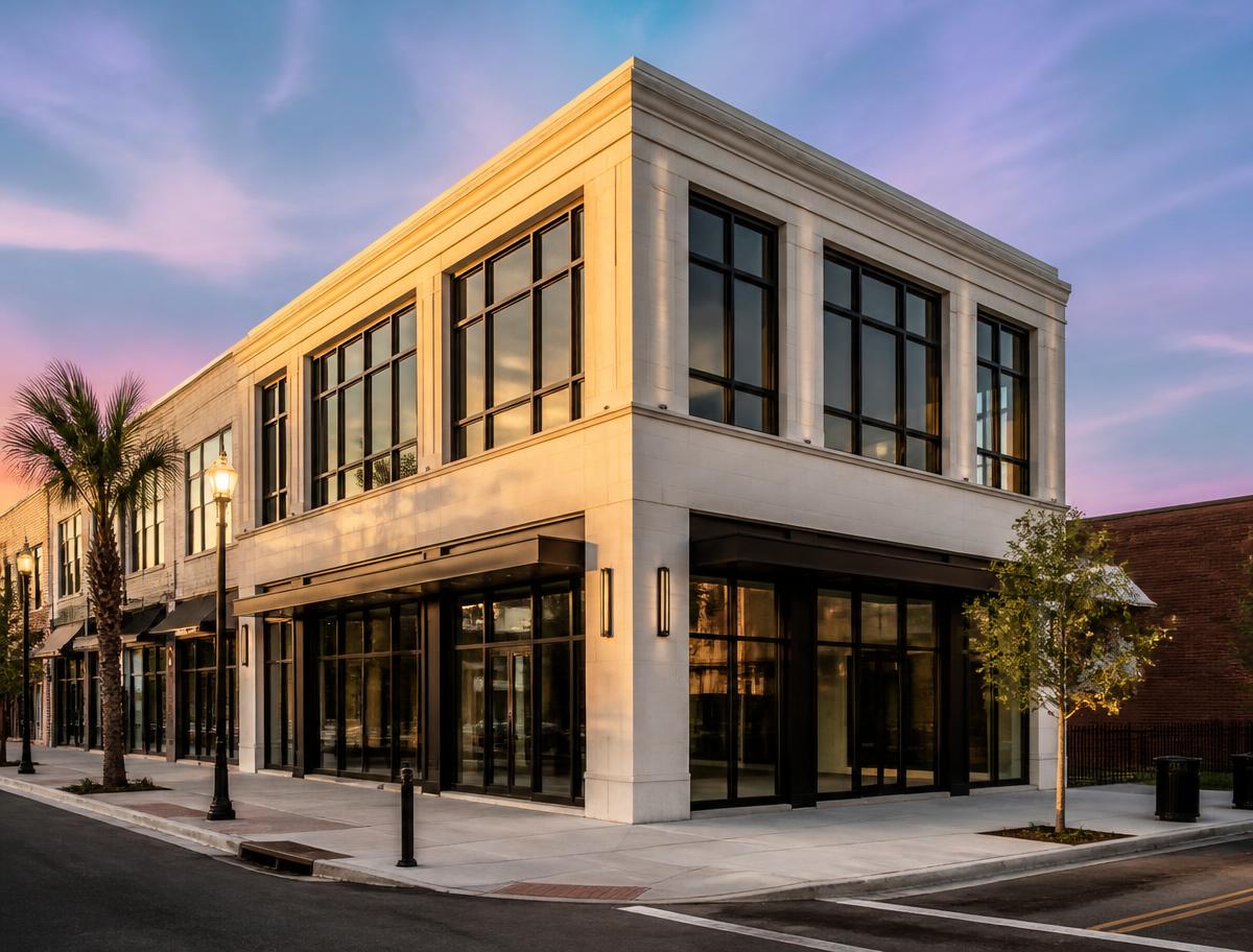 Modern downtown commercial building exterior at golden hour